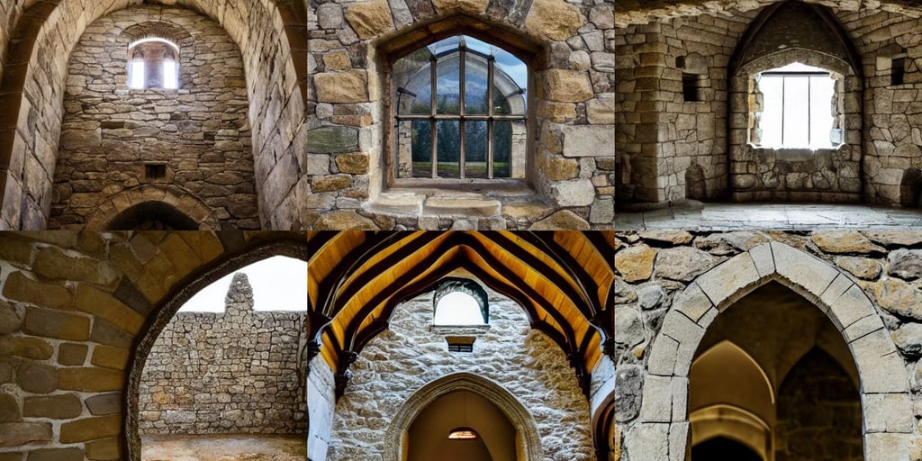 stone wall inside of a castle with huge glass dome roof