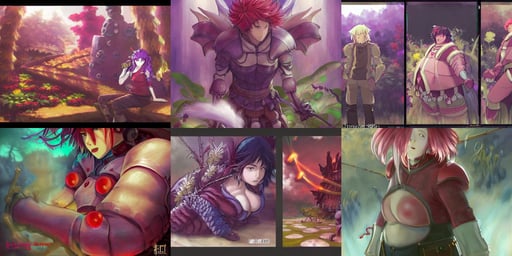 Fantasy crimson knight, krenz cushart and artgerm, by studio ghibli painting, lineart by kiyohara tama, colorful plants flowers and mushrooms, cruelty, shelf, obese, very sweaty, neon bar lights, water bear, 8k-resolution, kore yamazaki, blak and white, multicolored hair, purple hair, Thomas Kinkade, mods, floating scimitar, legendary item