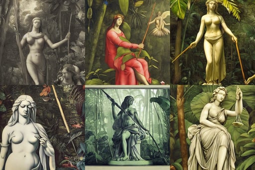 an achingly beautiful print of blind lady justice in the tropical rainforest by Raphael