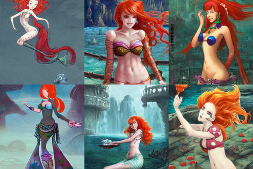 concept art of gingerhead cute mermaid, bloodbowl player, las vegas, digital concept art background by hayao miyazaki and kuniyoshi utagawa, airy fabric and she has a mischievous look on her face, by magali villeneuve and raphael lacoste, brain of the future