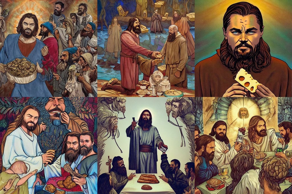 bearded leonardo dicaprio as jesus sharing bread and wine with the local community, overlord!!!, art by  james jean, magic realism inspired by psychadelia and ancient aztec architecture