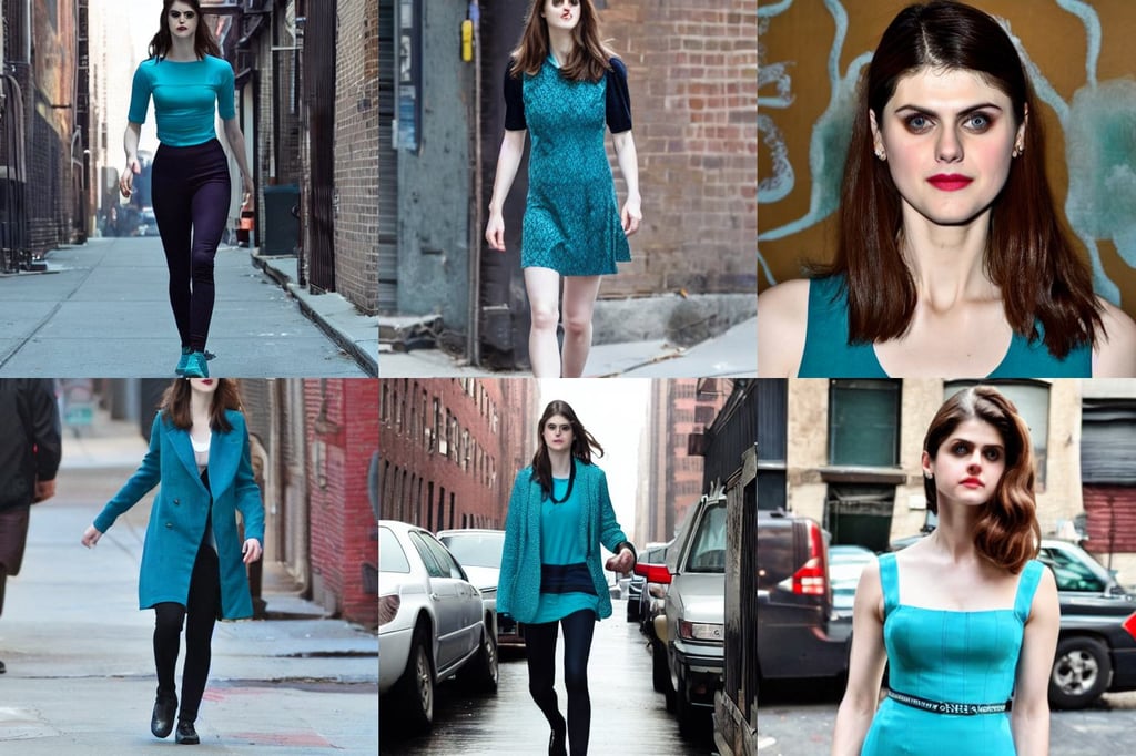 alexandra daddario in a smoky new york back street, teal aesthetic