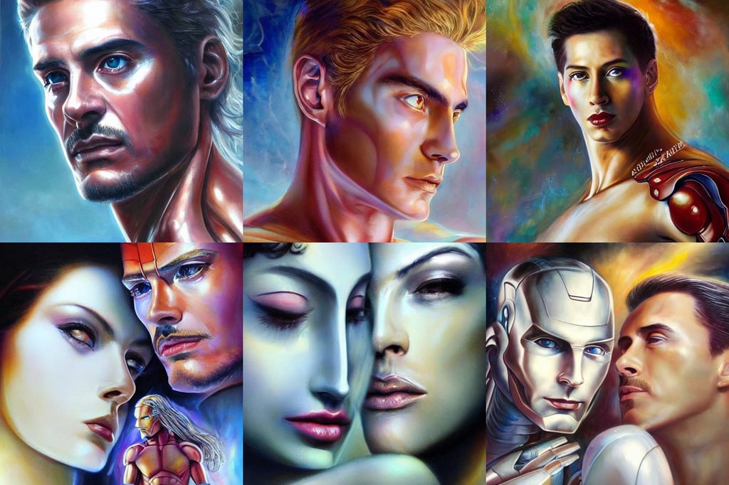 a cinematic beautiful close up portrait of two male lovers, high heels, pearlescent white, astral spirit space journey in oil painting, art by stanley lau and artgerm and luis royo, she is about 20 years old, very colorful, transparent background, the modern reincarnation of the old selenium greek god of hunt, charlie, iron man, next to a river, decorative frame, soft gradients. baroque period, military pilot clothing, bastien lecouffe-deharme, 3 d isometric, Lord of the Rings Moria, character design of the 1 9 9 0 s by xul solar