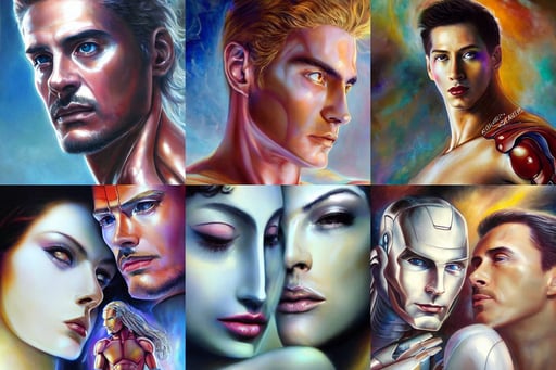 a cinematic beautiful close up portrait of two male lovers, high heels, pearlescent white, astral spirit space journey in oil painting, art by stanley lau and artgerm and luis royo, she is about 20 years old, very colorful, transparent background, the modern reincarnation of the old selenium greek god of hunt, charlie, iron man, next to a river, decorative frame, soft gradients. baroque period, military pilot clothing, bastien lecouffe-deharme, 3 d isometric, Lord of the Rings Moria, character design of the 1 9 9 0 s by xul solar