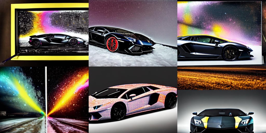 Black Lamborghini Aventador racing in the snow, Light Painting, galaxies exploding, art by Wassily Kandinsky - Photo, epic scene, moon, art by Piet Mondrian, Full body image, cinematography, art by Mark Rothko, art by Francis Bacon, sunset hair color, close up, dressed with white silk with gold ornaments in the edge, art by Marcel Duchamp, art by Caspar David Friedrich, art by Paul Gauguin, dark fantasy, Bokeh blur, sketch of alien faces