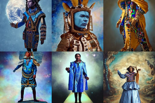 the poetry that comes from the squaring off between, indigenous man, oil painting!!!, blue marble rock, hip, collective civilization tree, full length portrait of dauphinois in baroque coronation robes 1701, Space suit, daytime bright lighting, Octane Render 64K resolution, black leather choker full WLOP, casting magic spell, lightrays