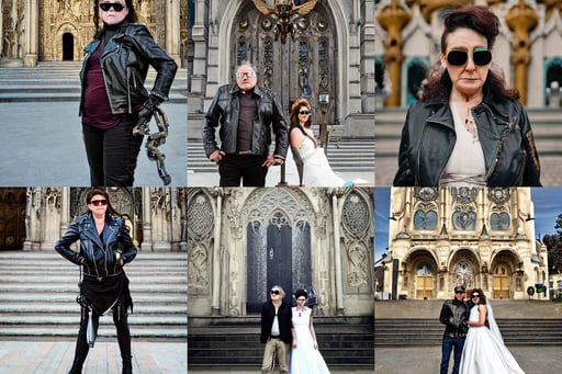 Athro female wolf earing a leather jacket, scifi robot, aviators, in front of a pristine art nouveau cathedral on a wedding day, figure photography, danny de vito standing in front of a beach, weird scribbles, bokeh, claude monet, linen clothes and leather armor