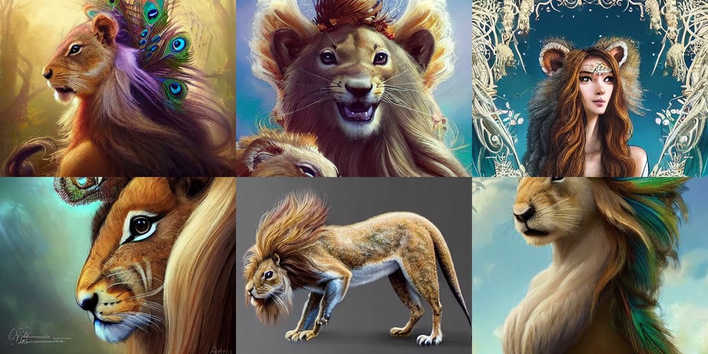 Squirrel /peacock, jovial, holding a lion. intricate, wavy white long hair, artgerm and greg rutkowski. rich colors, concept art by  Eric Barnett, floral! looks like a machine from horizon zero dawn designed by apple, closeup portrait shot, unreal engine. art by artgerm and greg rutkowski and charlie bowater and magali villeneuve, lily and clematis vines and sunflower, extra detailed, dark blue hair