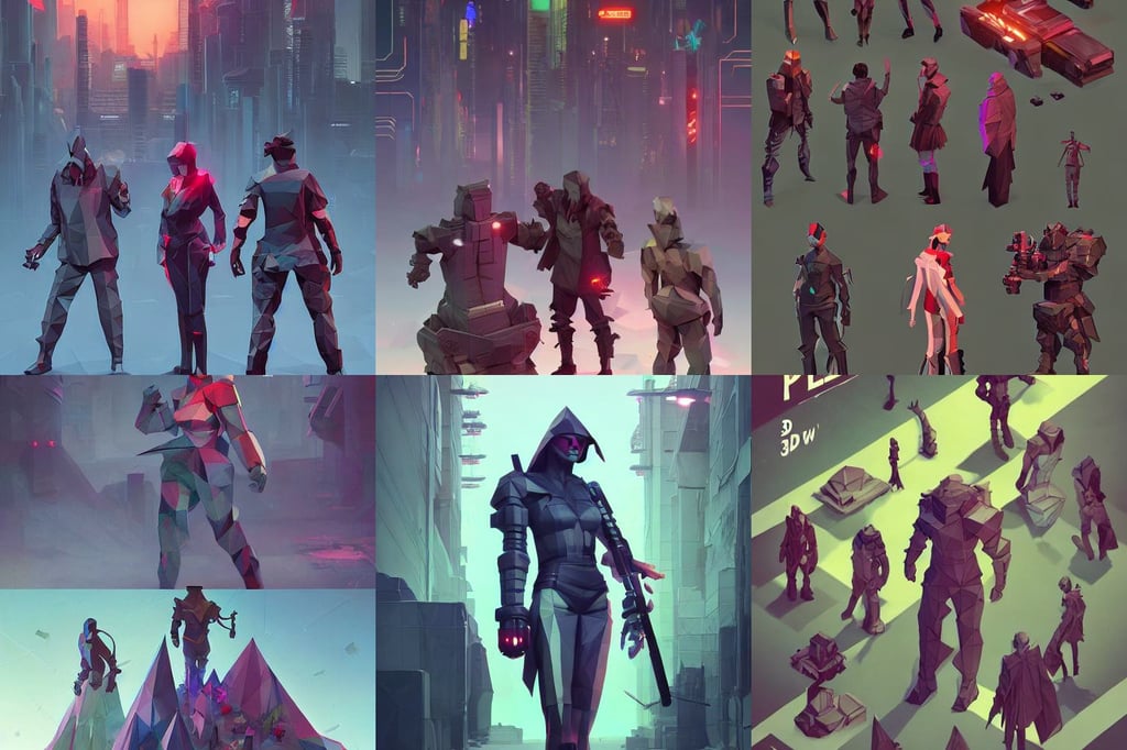 3d low poly model set of heroes in cyberpunk, fairytale, by DULK, greek atire, full body character drawing, line drawing, art by WLOP and Greg Rutkowski, cover by artgerm, glorious lighting, rendered by simon stalenhag, apple tree