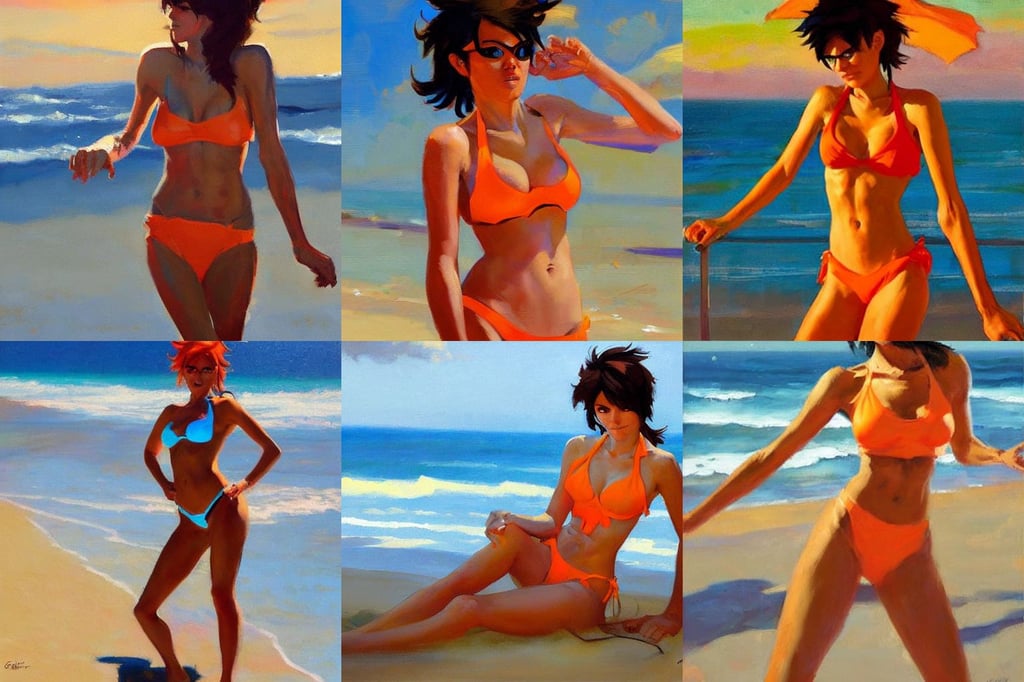 greg manchess painting of tracer wearing a bikini in a beach, orange color scheme, charming, glowing lights!!