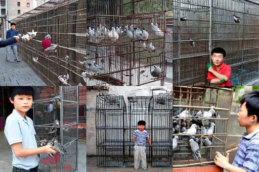 Chinese boy selling pigeons in cages in Shenyang China, art by Michelangelo Buonarroti, hyper-realistic