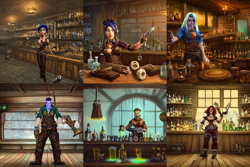 the bartender with glass eye steampunk world of warcraft, giant excel sheets in the background, chalk cliffs above, tired expression, pixar render, weapon shop interior