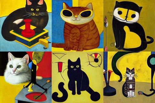 cute cat on yellow background, art by Paolo Uccello, art by Sandro Botticelli, huddling over a piece of ancient technology, art by Joan Miró, trending on ArtStation