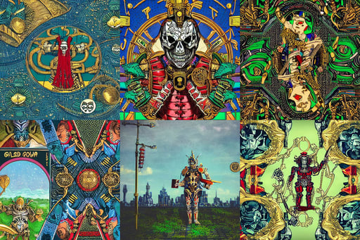 the planet earth and god. intricate, near utility poles at middle east, victorian playing card, tokyo landscape, barbarian celebrate his birthday, in reflective porcelain cyborg armor, retrowave, wearing a skeleton armor, green and red plants, blue and gold color scheme