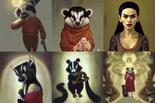 cute illustration sketch badger monk, Animation Concept Art, ethereal lights fade from every room, art by Paolo Uccello, Tom Bagshaw, art by Magdalena Carmen Frida Kahlo Claderón, trending on artstation, multiple eyes, art by Francisco De Goya, art by Mark Rothko, art by Jan Van Eyck, mayan culture, art by Jan Van Eyck, art by Andrea Mantegna, art by Hilma Af Klint, art by Edvard Munch, art by Piet Mondrian, photography, art by Gustave Courbet