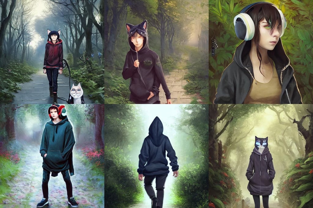 a moody teenager in a hoodie walking down the street, wearing cat ear headphones, lush foliage, costume design made by nordic tribes, P.A.WORKS, Tony Sart highly detailed