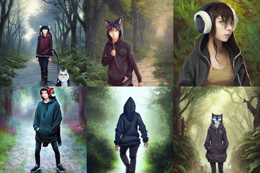 a moody teenager in a hoodie walking down the street, wearing cat ear headphones, lush foliage, costume design made by nordic tribes, P.A.WORKS, Tony Sart highly detailed