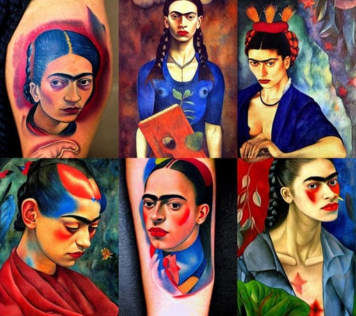 red and blue tattoo beautiful girl in school uniform, cute, art by Magdalena Carmen Frida Kahlo Claderón, busy, Light Art, surreal, art by Paul Gauguin, art by Giotto Di Bondone, dark, art by Michelangelo Buonarroti, art by Artemisia Gentileschi