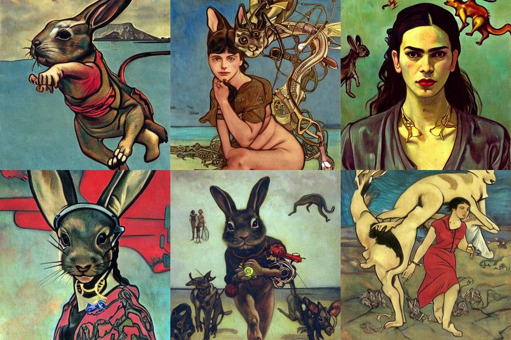 cyberpunk bunny being chased by hounds, art by Gustave Courbet, 1960s art, art by Magdalena Carmen Frida Kahlo Claderón, gold necklace--iw 1.1, on the Aegean shore. Breaking waves. Small colorful dragons listening. Drawn in the style of Alphonse Mucha, art by Jenny Saville, shiny beautiful eyes beautiful face, levying a path of clouds behind her. Dragon ball z style high detailed anime tv show, art by Rembrandt Van Rijn, octane render, forest dwelling humanoid, autumn inspired, atmospheric, art by Sir Peter Paul Rubens, art by Gustav Klimt, art by Francisco De Goya, art by Eugène Delacroix, art by Nicolas Poussin, Atelier Firis