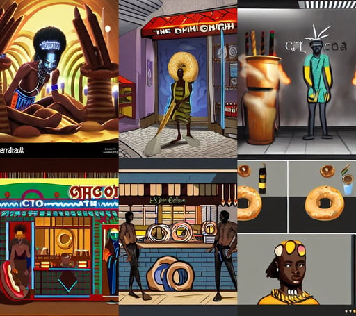 : african shamen, The City of Lisbon in a doughnut shop, concept art. smoke, casual pose, photo-realistic, android eyes, dark wizard, Raytraced, storm