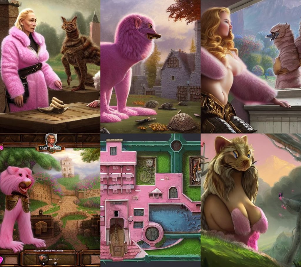 extremly detailed house made of pink fluffy fur, full-body shot, tywin lannister discusses war strategy with his military advisors, with brown hair, hearthstone card artwork, landscape by arik brauer and thomas kinkade, surprise face, curvy, ai catgirls and and ducks by greg rutkowski, feminine curves