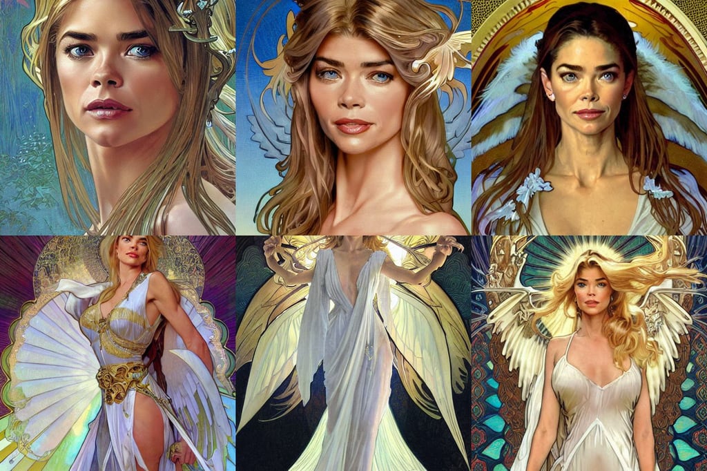 denise richards as an elegant angel with wings, art by greg rutkowsky and alphonse mucha, close-up shot, thomas kinkadegreg, long! platinum blonde straight bangs and large! eyes, Tyler edlin, detailed painterly digital art style by wlop