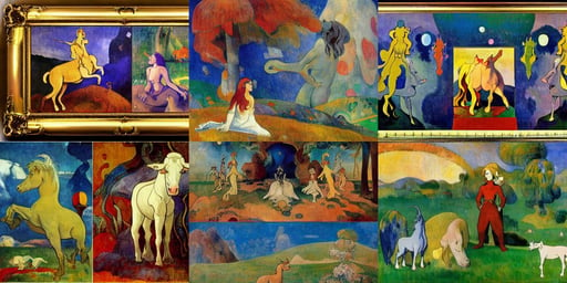 portrait of the last unicorn the movie, symmetrical, art by Paul Gauguin, multiple eyes, metallic colours +8k, dreamy, art by Joseph-mallord William Turner, art by Joan Miró, Old Building