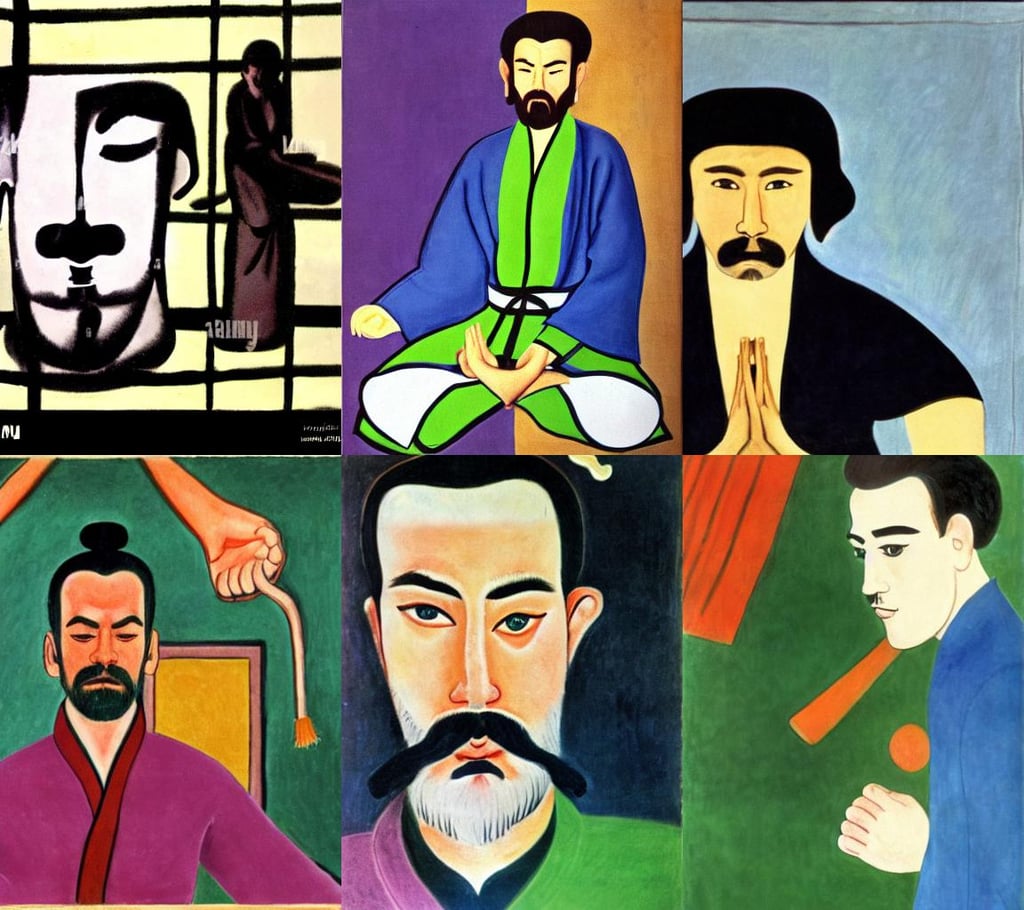 Alan Watts as a Zen kung fu master, mysterious, heterochromia, realistic, art by Henri Matisse, intelligent