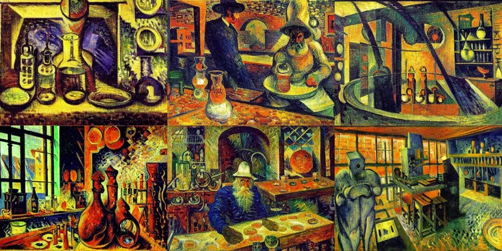 The alchemist's laboratory by Umberto Boccioni and Claude Monet, oil on canvas