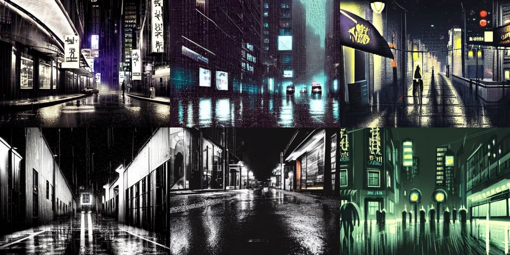 A rainy city street at night in the style of cyberpunk noir