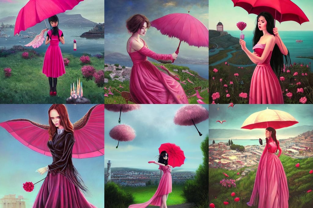 a portrait of a girl holding a pink pinky red umbrella, epic. In style of Greg Rutkowski, greek city in the background, ornate goth dress, by alex grey, huge feathery wings, gorgeous Kacey Rohl, mowing the lawn, luscious patty with sesame seeds, super graphically realistic detailed, holding a candle, red eyes