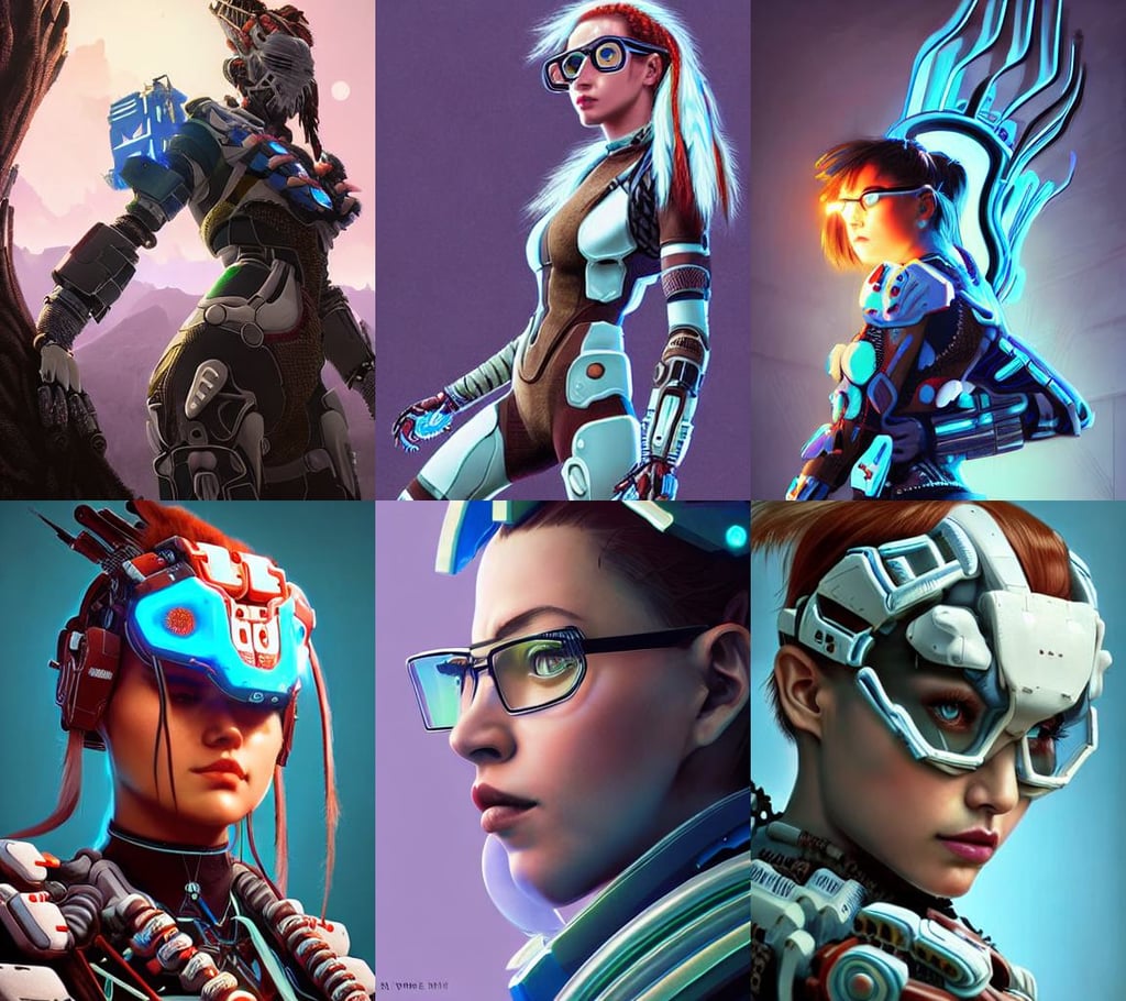 symmetry!! portrait of machine from horizon zero dawn, by ilya kuvshinov!!, super smash brothers, moon landing, 8 k digital art, a detailed painting by yuumei, a beautiful futuristic warrior in intricate alien cyberpunk armor and hip chunky glasses, daz 3 d, a highly detailed epic cinematic concept art CG render, griffin chicogriff hybrid monster, concept by Godfrey Blow, hex tile armor