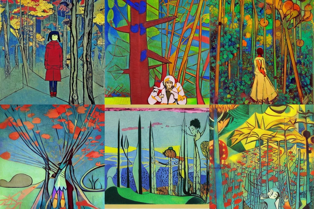 Mo Amer by Yoshitaka Amano, art by Pablo Picasso, art by Pablo Picasso, oil painting, art by Winslow Homer, colorful, forest with symmetrical trees in the background, Anime, he uses them to make modifications | in the style of Peter Mohr..., trees