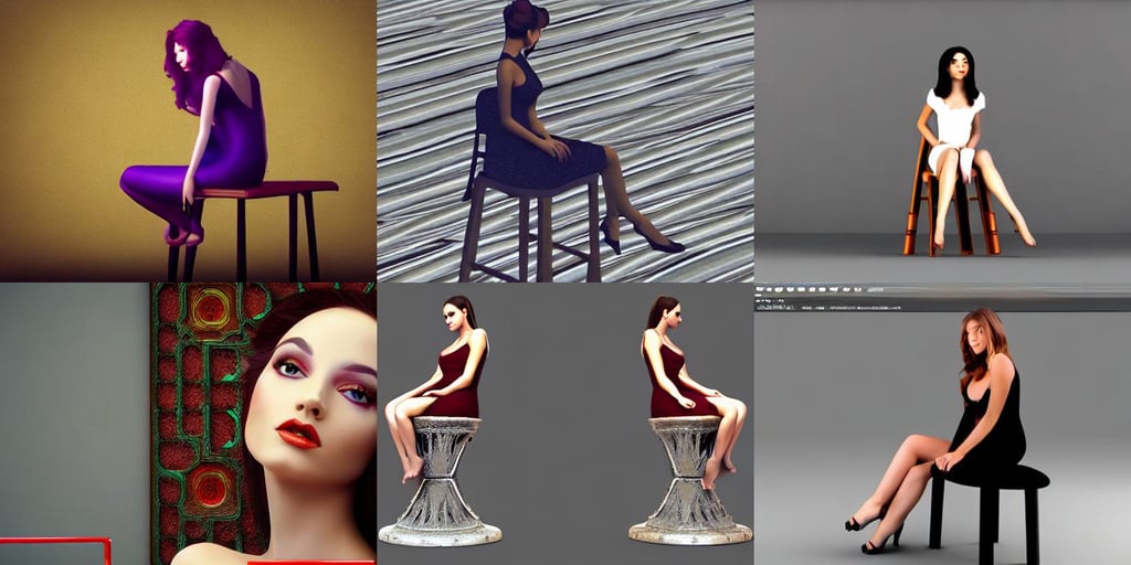 beauty woman being sitting on a stool, rendered with cinema 4 d, symmetrical! intricate, demonstration in city