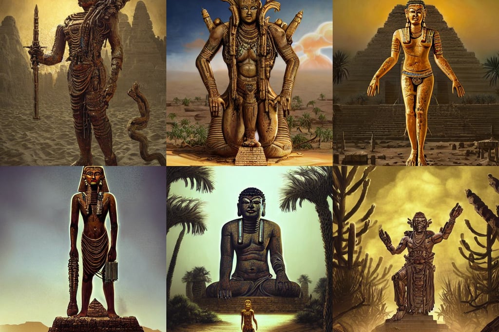 highly detailed full body picture of golden Buddha statue, featured on Behance, ancient egypt lush palm trees temple limestone desert courtyard, Doom guy' mixed with 'man from #EvilDead movie Ash Williams, high quality image by concept art, big-lipped albino mutant priestess with elaborate white hair; Dune concept art by Anato Finnstark, Jean-Leon Gerome, 16 thousand, merchant street, shadows of colossus, art by moebius and frank miller alphonse mucha 8 k