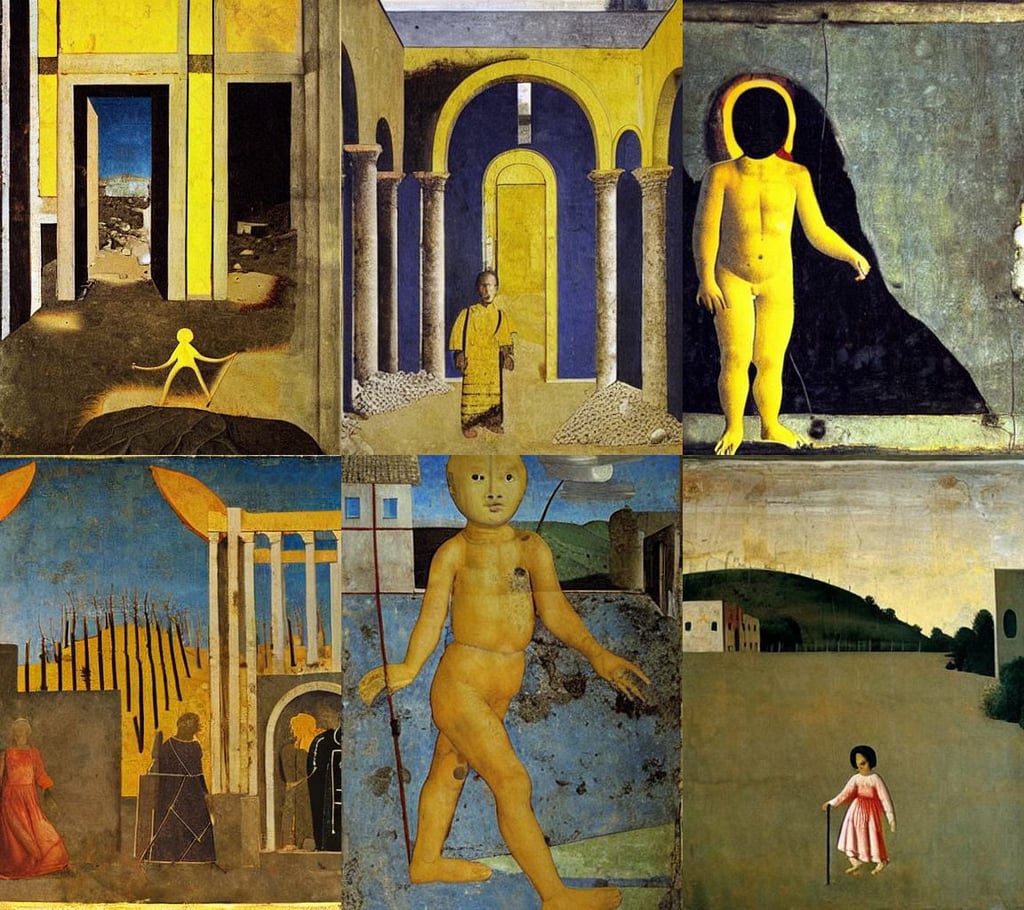 child walking through burned down village, art by Piero Della Francesca, geco maori, yellow