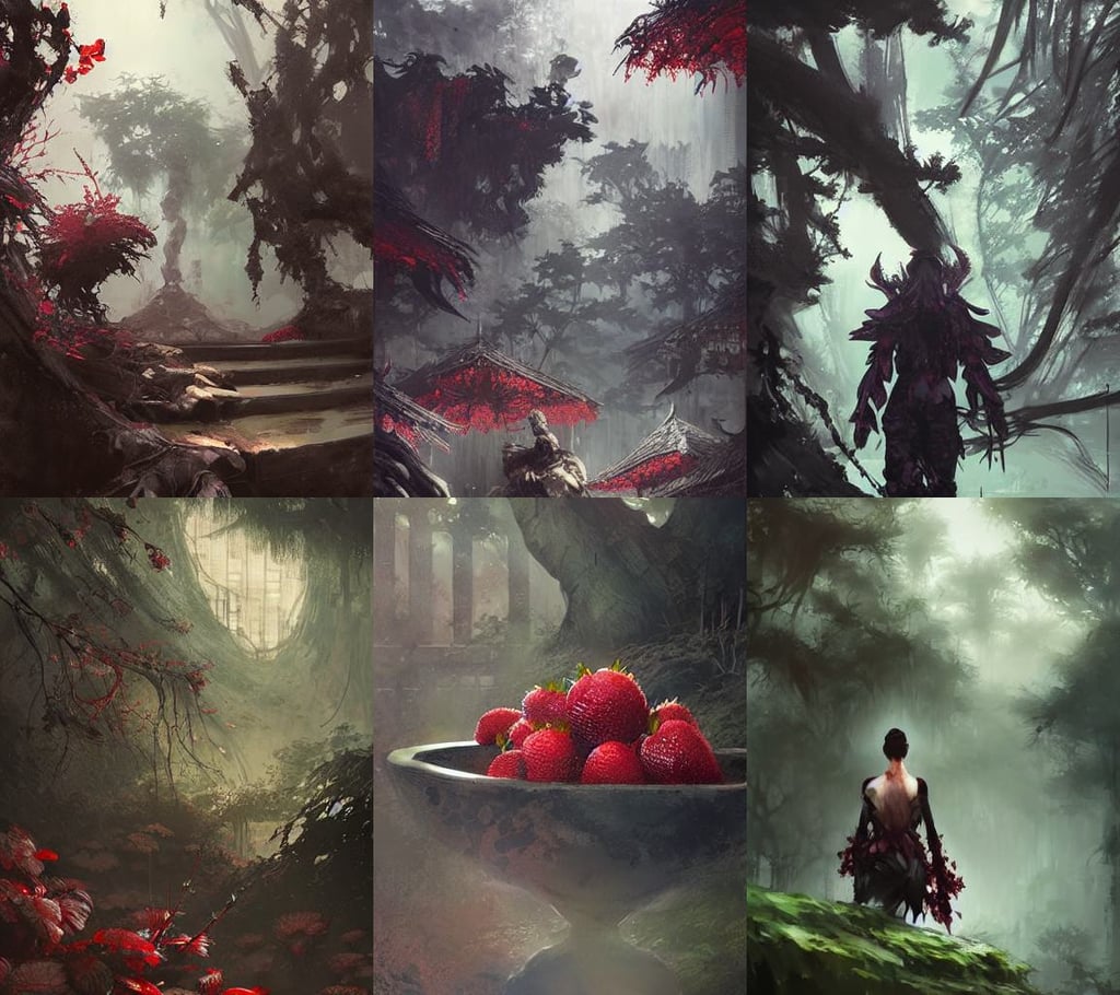 Dark forest strawberries, in the style of Ruan Jia and Mandy Jurgens, Yoki Shinkawa, oni compound artwork, beautiful ancient garden behind