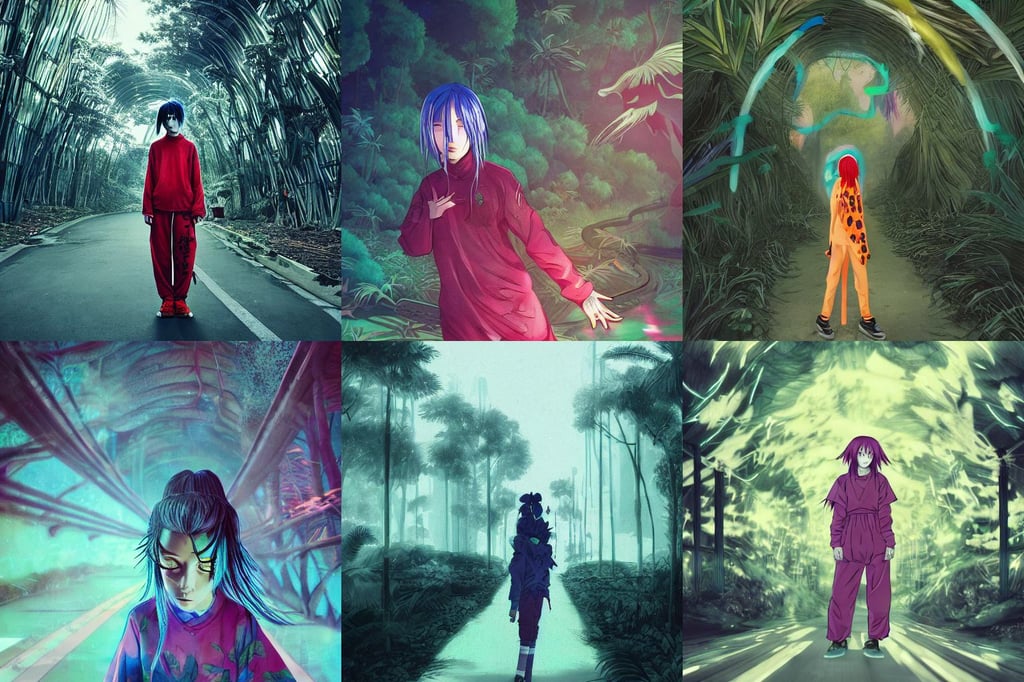 billie eilish as anime character, tropical trees, by federico pelat and liam wong and florian pasquier, melancholic, stormlight archive, soft mood, angry but resigned attitude, firebending, foxes and deer, Kodak film stock, HDR, broken multiple overpass interchange