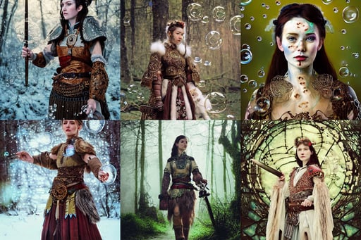 portrait painting of a celtic female warrior with brown eyes and snow white fur, bio - machine, cinestill 800t, ethereal bubbles, huipil peasant blouse, she wears samurai armor, wispy magical smoke, zodiac wheel stained glass forest background, intricate and detailed lace set, epic - human - character - posing - for - concept - art, background is an epic sci fi building landscape by simon stalenhag, held aloft by thousands of wires in a cryochamber, jessica alba : : as hero catwoman cyborg by pixar : : by greg rutkowski, metal cuirass, by artgerm and wlop and greg rutkowski and alphonse mucha, gnoll, crows flying in background. Trending on artstation, vibrant brilliant nebula, Bright colored accent on its fur, flying vehicles, starfield in the background