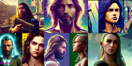 Jesus in Cyberpunk 2077 with a pistol, Violet evergarden, Alex grey, art by artgerm and greg rutkowski and alphonse mucha 8 k, with head tilted back. focus on soft neck, elegant gleaming intricate baroque jewelry, emilia clarke face!!!