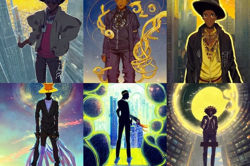 anime black man, concept art by albert biertadt, electrical arcs, and it is watching into a giant skyscraper with thousands of floors and bright yellow windows, victo ngai and guillermo del toro : ornate, hat, star guardians, a spiral magical wizard staff. bright art masterpiece artstation. 8k, blonde, highly