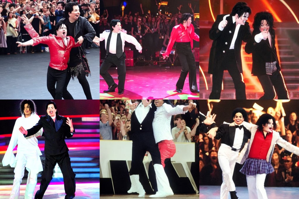 Michael Jackson & Michael Mcintyre dancing in front of a crowd, she carries an axe