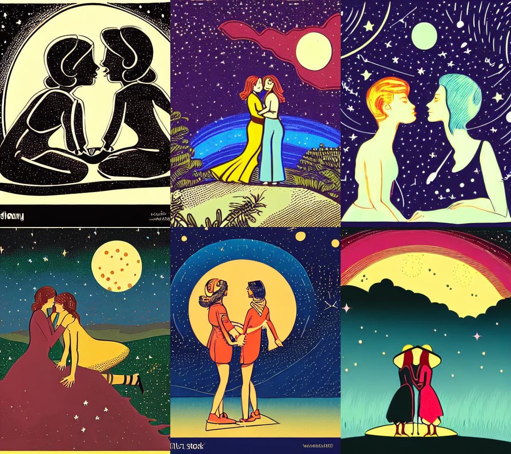 vintage illustration of two tomboy women embracing under the stars, breathtaking landscape, untrusting paranoid adventurer, spells practice, psychedelic vector art!!!