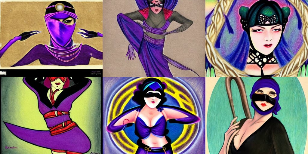 beautiful face masked mystery and gorgerous and black magic and stunning young female ninja, violet theme, 1 9 2 0's colored pencil art style, belly dance