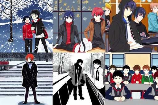 boy's love anime modern high school classroom in winter, man in a black hood