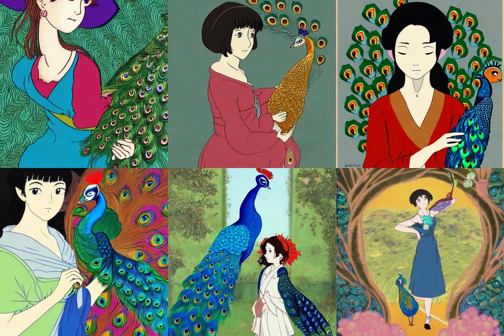 Portrait of a women holding a peacock, in the Style of Hayou Miyazaki