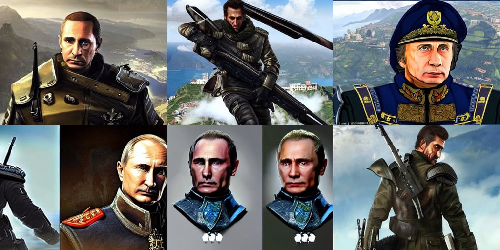 Vladimir Putin as General Sebastiano Di Ravello from Just Cause 2 game, apex legends character, critical role, incredible art, the tip of the sword looks similar to a dragon head, cape