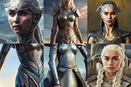 close up of an emily clark as daenerys wearing ancient canaanite clothing, wearing Forerunner armor from Halo portrait by Magali Villeneuve and Steve Argyle, highly details, uncut, polygonal iron steel walls