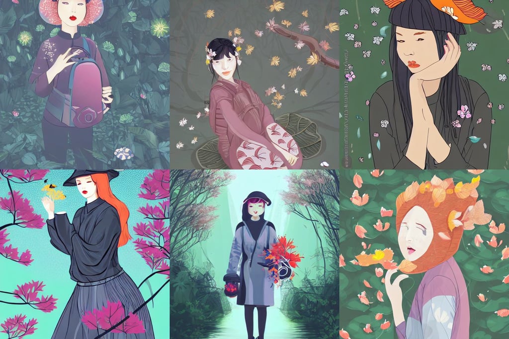 backrooms, flurry of leaves and flowers, clean vector lines, futuristic computer backpack, beautiful high quality realistic fantasy art, holding koi fish in palace. light cute blush on face. glass fish hat. medium shot, chubby, art by anastasia gorshkova, hooded secretive witchlike, datacentre