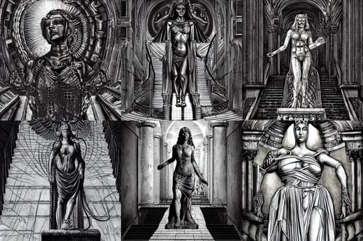 cybele statue in a dark temple ultarealistic, HR Giger style Da Vinci sketches black and white, robotic eyes, cyberpunk, beautiful aesthetic, flying through hyperspace, Narrow steep staircase, art by Giotto Di Bondone